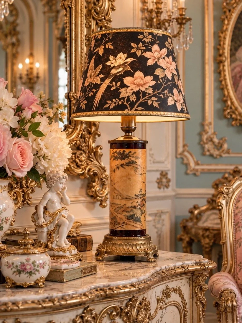 Title: Vintage Phillipe Pastoral Scene Cylinder Table Lamp Gold Tone